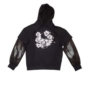 Almost Famous Women's Skull‎ & Roses Mesh Sleeves Pullover Hoodie Medium